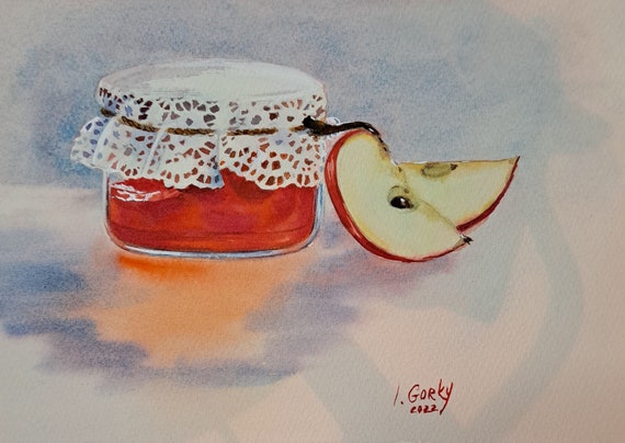 APPLE JAM small Food Still Life painting, Kitchen Food artwork, Cottagecore Kitchen decor, Hand-painted Gifts for Chefs by Ira Gorky