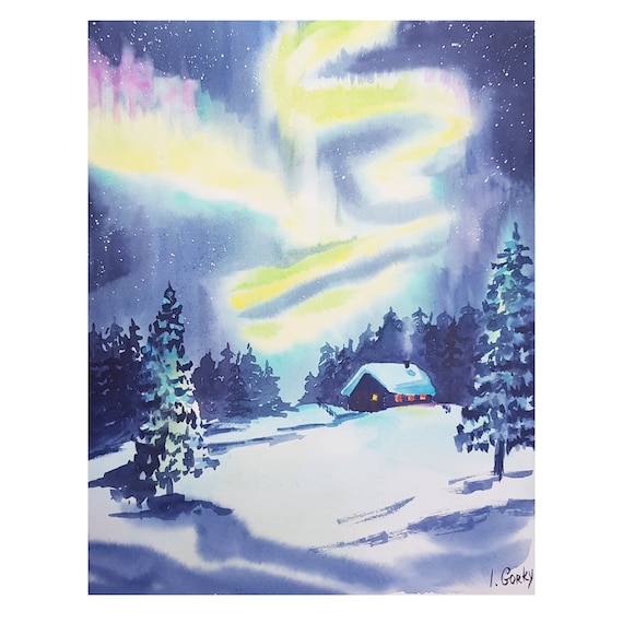 Northern light - Aurora Borealis watercolor painting