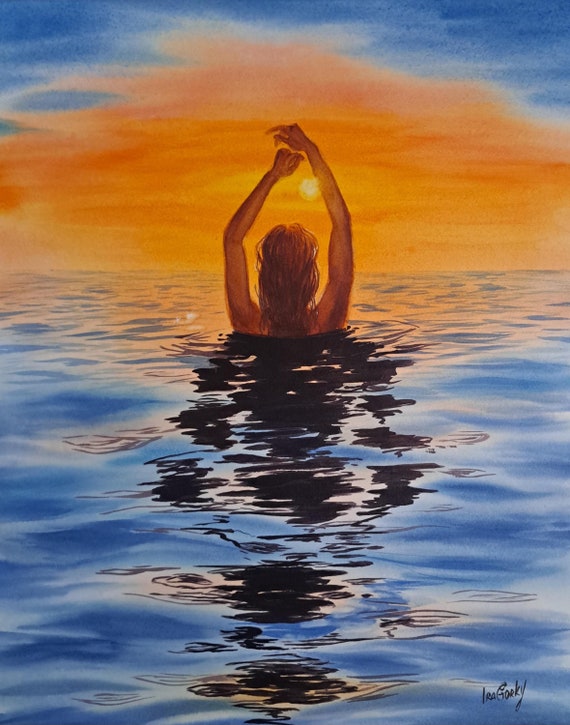 Original Woman Portrait Painting, Girl Swimming in the Ocean
