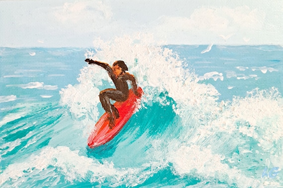 Surfer Ocean Wave seascape painting, Original laguna beach wall art, Impasto mini canvas painting 7 x 5 in gift for surfer by Ira Gorky