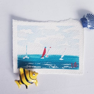 Arte della barca a vela YACHT REGATTA dipinto ad acquerello, carta originale ACEO 3,5" x 2,5" carta in miniatura da collezione di Ira Gorky