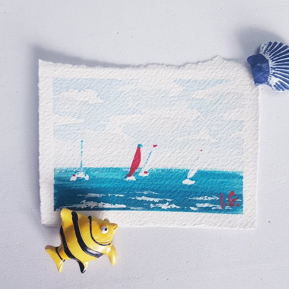 Sailboat art YACHT REGATTA boat watercolor painting, ACEO original card 3.5" x 2.5" collectable miniature card by Ira Gorky