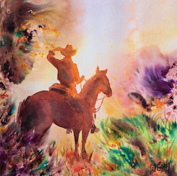 Western Cowboy wall art of Horse and Rider, Riding Where Dawn Begins, Western landscape wall art 12 x 12 inch