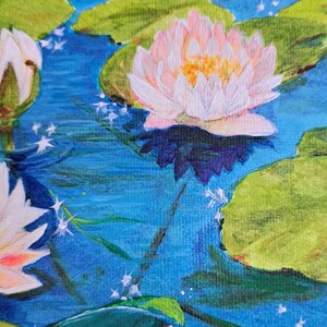 May include: A painting depicting water lilies in a pond. The water lilies are white with pink edges and yellow centres. The pond is blue with green lily pads. The painting is executed in a loose, impressionistic style.