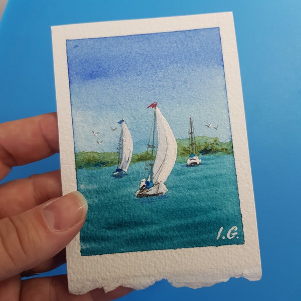 Arte de velero YACHT REGATTA pintura de acuarela en miniatura, ideas de regalos del día del padre, tarjeta original ACEO 3,5" x 2,5" tarjeta en miniatura coleccionable