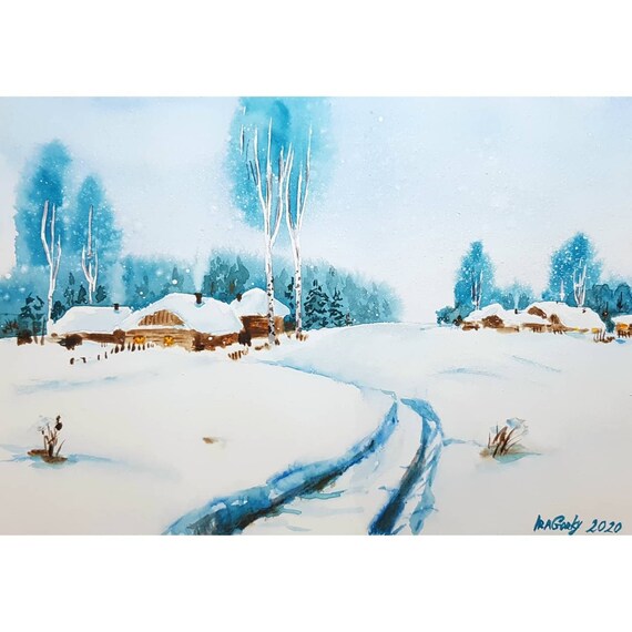 Winter snowy scene watercolor landscape painting, countryside original artwork Painted TO ORDER