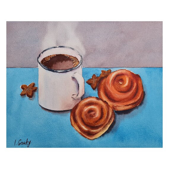 Still life original COFFEE and CAKE painting, Food art, Coffee with cinnamon buns Pastry watercolor painting, Dessert art by Ira Gorky
