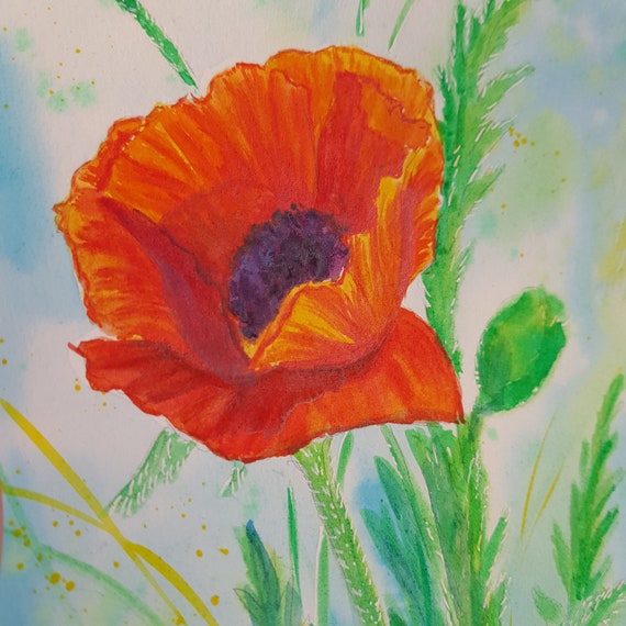 Original floral POPPY FLOWER painting, California Poppy Art, Small Watercolor painting, Handpainted poppy flower art gifts by Ira Gorky