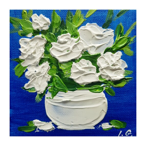 White Roses - Still life Floral artwork 4 x 4 inches, or 10 x 10 cm