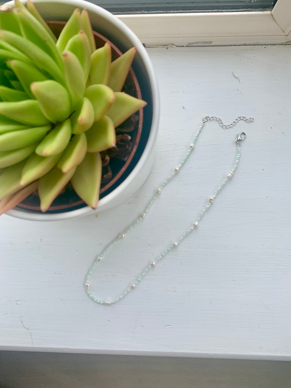 Sage green and pearl necklace Etsy