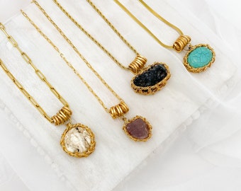 18KT GOLD CHAIN Necklace - Solitaire Pendant - Gemstone Pendant Necklace - Paperclip Chain - Crystal Pendant - Jewelry for Her
