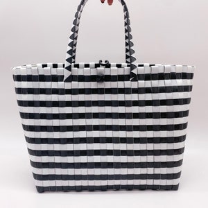 HANDLES TOTE BAG, Striped Tote Bag, Handwoven Recycled Plastic Tote Bag For Women, Bayong Bag Mothers Day Gift Black