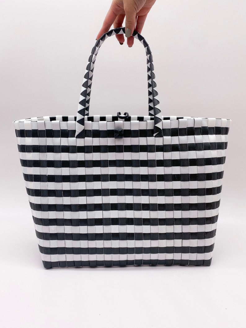 HANDLES TOTE BAG, Striped Tote Bag, Handwoven Recycled Plastic Tote Bag For Women, Bayong Bag Mothers Day Gift Black