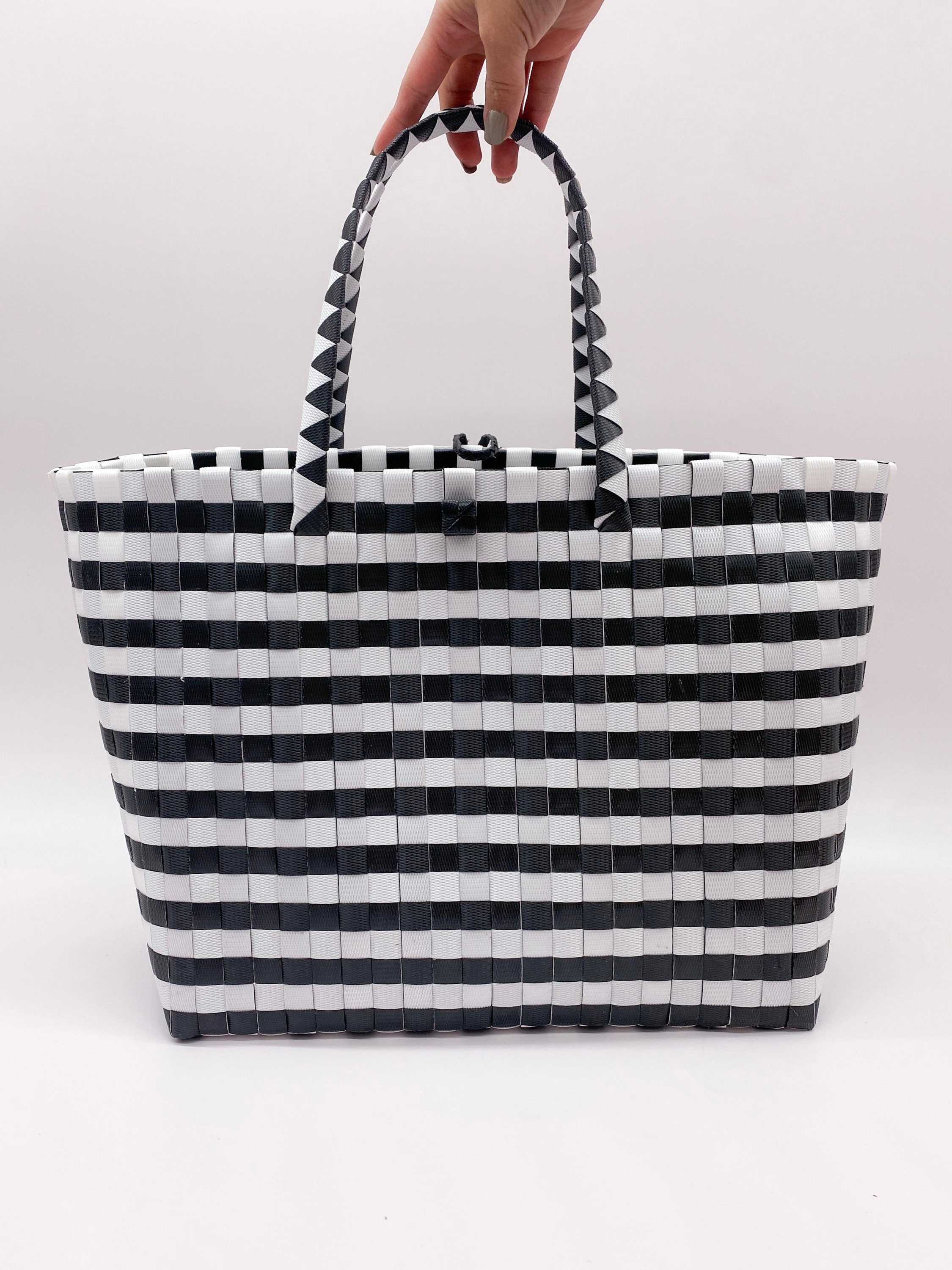 HANDLES TOTE BAG, Striped Tote Bag, Handwoven Recycled Plastic Tote Bag ...