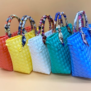 Small Hand Woven Bag, Summer Beach Bag with Twill, Recycled Plastic Woven Small Bag, Bright Color Bags,Small Beach Sling Bag,Gift for Her