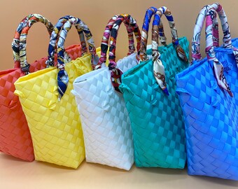 Small Hand Woven Bag, Summer Beach Bag with Twill, Recycled Plastic Woven Small Bag, Bright Color Bags,Small Beach Sling Bag,Gift for Her