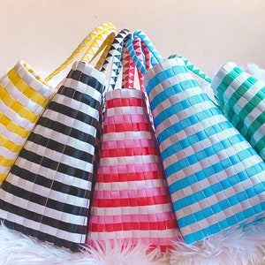 HANDLES TOTE BAG, Striped Tote Bag, Handwoven Recycled Plastic Tote Bag For Women, Bayong Bag Mothers Day Gift