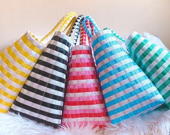 HANDLES TOTE BAG, Striped Tote Bag, Handwoven Recycled Plastic Tote Bag For Women, Bayong Bag Mothers Day Gift
