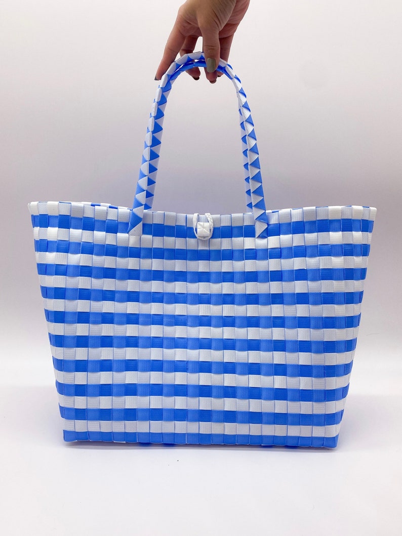 HANDLES TOTE BAG, Striped Tote Bag, Handwoven Recycled Plastic Tote Bag For Women, Bayong Bag Mothers Day Gift Blue