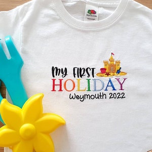 Personalised My First Holiday T-shirt or bodysuit, Baby&#39;s 1st Holiday, Embroidered boys girls t-shirt, Children&#39;s Holiday Top