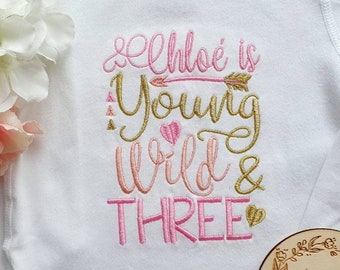 Personalised Young Wild and Three birthday T-shirt, Embroidered Third Birthday top, Boys Girls 3rd birthday t shirt