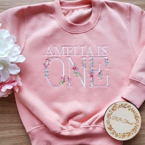 Personalised Kids Sweatshirt, Embroidered Baby Sweater, I Am One Outfit, Birthday jumper, Baby Girl Birthday Gift image 3