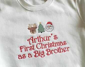 Gepersonaliseerde Big Brother Big Sister-sweater-t-shirt, kerst 2025, geborduurd kerstbabyslabbetje, First Christmas-babysweater