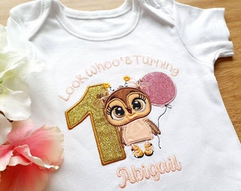 Personalised owl 1st birthday bodysuit, Embroidered birthday baby vest, Girls first birthday outfit, Applique birthday bodysuit