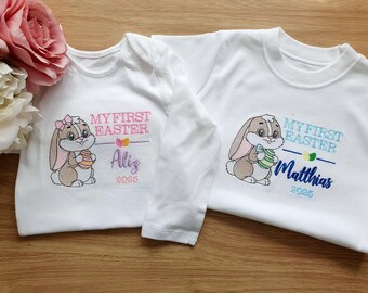 Mijn eerste paasoutfit | Gepersonaliseerde paasromper | Trui met eerste paashaas | Paascadeau baby | Aangepaste naam paasshirt