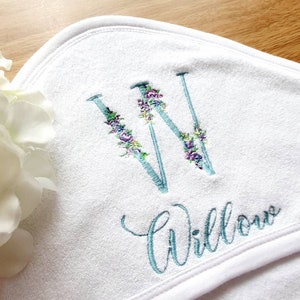 Floral Monogrammed Baby Hooded Towel, Baby Shower Gift, Personalised Baby Girls Hooded Towel