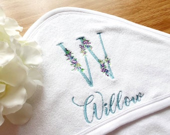 Personalised Baby Hooded Towel | Floral Monogram Baby Towel | Baby Shower Gift | Custom New Baby Gift | Embroidered Bath Towel