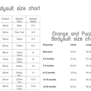 May include: Size charts for white and orange/purple bodysuits. The white chart includes age, height in cm, weight in lbs and kgs. The orange/purple chart includes chest, length, and arm measurements in cm.