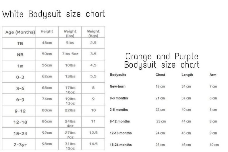 May include: Size charts for white and orange/purple bodysuits. The white chart includes age, height in cm, weight in lbs and kgs. The orange/purple chart includes chest, length, and arm measurements in cm.