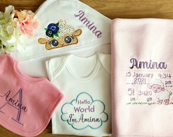 Personalised baby gift set, girl boy baby shower set, Baby hamper, newborn mum to be present, Embroidered blanket towel bib bodysuit