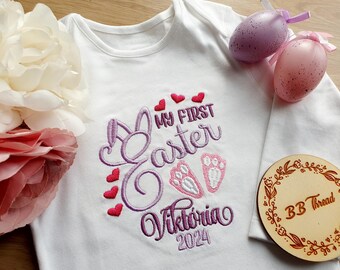 Mijn eerste paasoutfit gepersonaliseerd | Pasen-rompertje voor baby's | Op maat gemaakte paashaastop | Geborduurd paasslabbetje | Paascadeau babymeisje