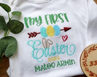 Mijn eerste paasoutfit gepersonaliseerd | Paasbodysuit voor babyjongens | Op maat gemaakt paashaasshirt | Geborduurde paastop | Eerste Pasen 2026
