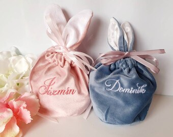 Personalised Embroidered Easter Bunny Bags, Velvet Easter gift bags, Boys Girls Easter Egg hunt bag