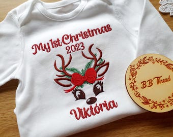 Gepersonaliseerde kerstbabyromper, geborduurde kerstoutfit meisjes jongens, 1e kerstoutfit