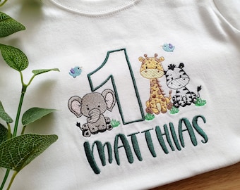 Safari Birthday Outfit | Personalised 1st Birthday Bodysuit | Jungle Birthday Shirt | Embroidered Number One T Shirt | Cake Smash Outfit