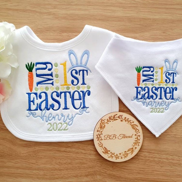 Gepersonaliseerde Happy Easter 2024 slabbetje, geborduurd slabbetje, geborduurde paasbaby slabbetjes