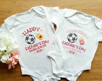 First Fathers Day Gift, Football baby grow, Embroidered Bodysuit, Personalised Baby vest