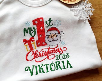 Gepersonaliseerde kerstbabyromper, geborduurde kerstoutfit meisjes jongens, 1e kerstoutfit