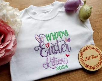 Gepersonaliseerde Happy Easter 2026 baby- en peuteroutfit | Geborduurde bodysuit, T-shirt of sweater met naam