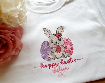 Gepersonaliseerde vrolijke paashaas-outfit | Paastop met bloemen konijn | Pasen-bodysuit voor babymeisjes | Paastrui met aangepaste naam | Babycadeau lente