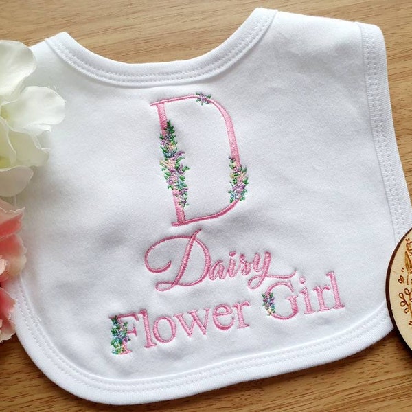 Bavoir bébé fille d'honneur floral monogramme, bavoir bébé personnalisé, bavoir de mariage brodé avec nom, cadeau fille d'honneur