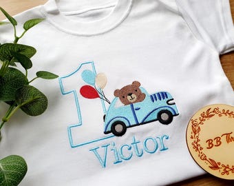 Gepersonaliseerde auto verjaardagsshirt | Outfit 1e verjaardag jongen | Verjaardagsshirt met berenwagen | Op maat gemaakte verjaardagsromper | 1-5 jaar