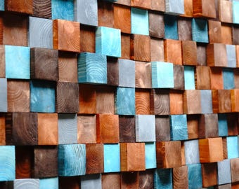 Brown Gray Turquoise Wood Mosaic, Modern Dimensional Wood Wall Art