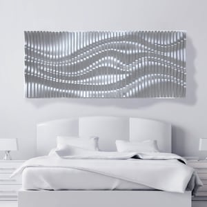 Silver wavy wood wall décor made of slats, acoustic wall panel, 3D wall sculpture, contemporary parametric wall piece, sound wave art