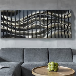 black goldwashed parametric panel, wall art of wooden slats, 3D wavy wall sculpture, geometric wall hanging decor, large wall sound diffuser