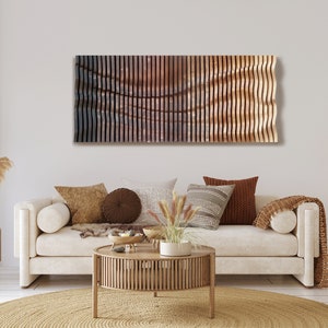 parametric ombre brown wood wall décor made of slats, acoustic wall panel, 3d wall sculpture, contemporary wavy wall piece, sound wave art
